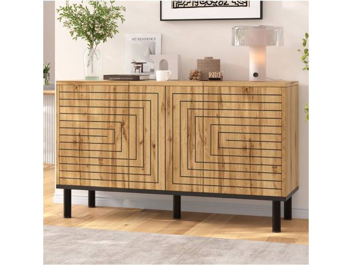 Buffet Bas 3 Portes Aspect Bois Bahut Design FloraGrace Pour Salon Et Salle A Manger Push-Open Et Fermeture Amortie 120x35x68cm