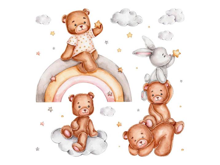 Wallfluent Wandaufkleber 100x145cm - Teddybären und ein Kaninchen auf einem Regenbogen, Mehrfarbig, Kunststoff, Rechteckig, 100x145x0.1 cm, Tapeten & Wandverkleidungen, Wandtattoos & Sticker, Wandtattoos