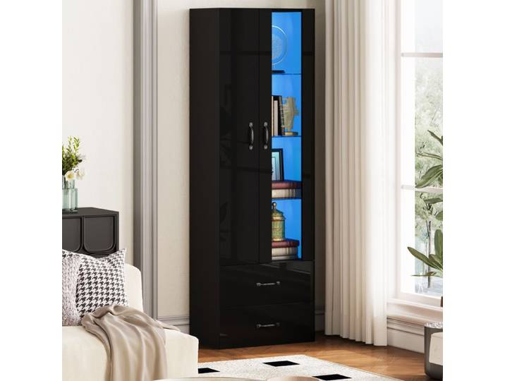 Vitrine éclairée par LED - Noir - 59.5x35x182 cm - Porte acrylique - Étagères en verre - Rangement en gradins