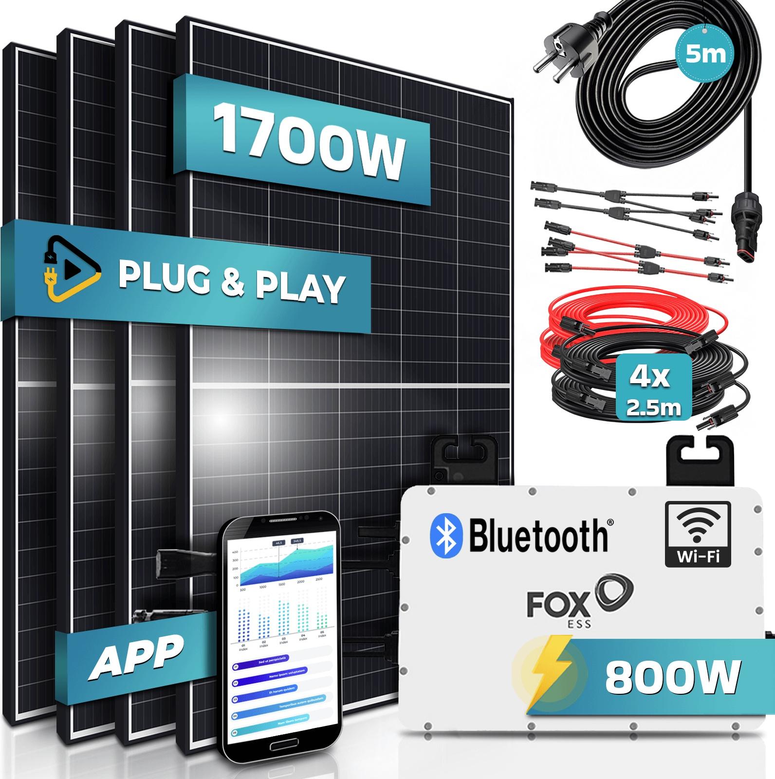 SUNNIVA Balkonkraftwerk 1700/800W Solaranlage mit Fox ESS Micro Wechselrichter, 5m Anschlusskabel, WiFi Bluetooth