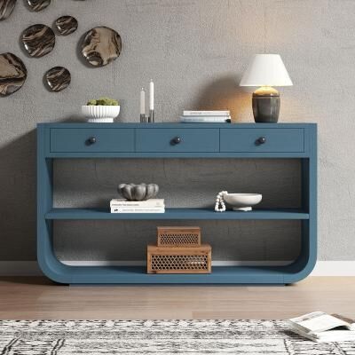 Curved Console Table with Open Shelves, Solid Wood Base for Living Room Hallway