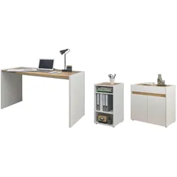 SCHREIBTISCHKOMBINATION 3-teilig weiß, Eiche Wotan 143 cm, Büromöbel Set mit Aktenregal und Kommode