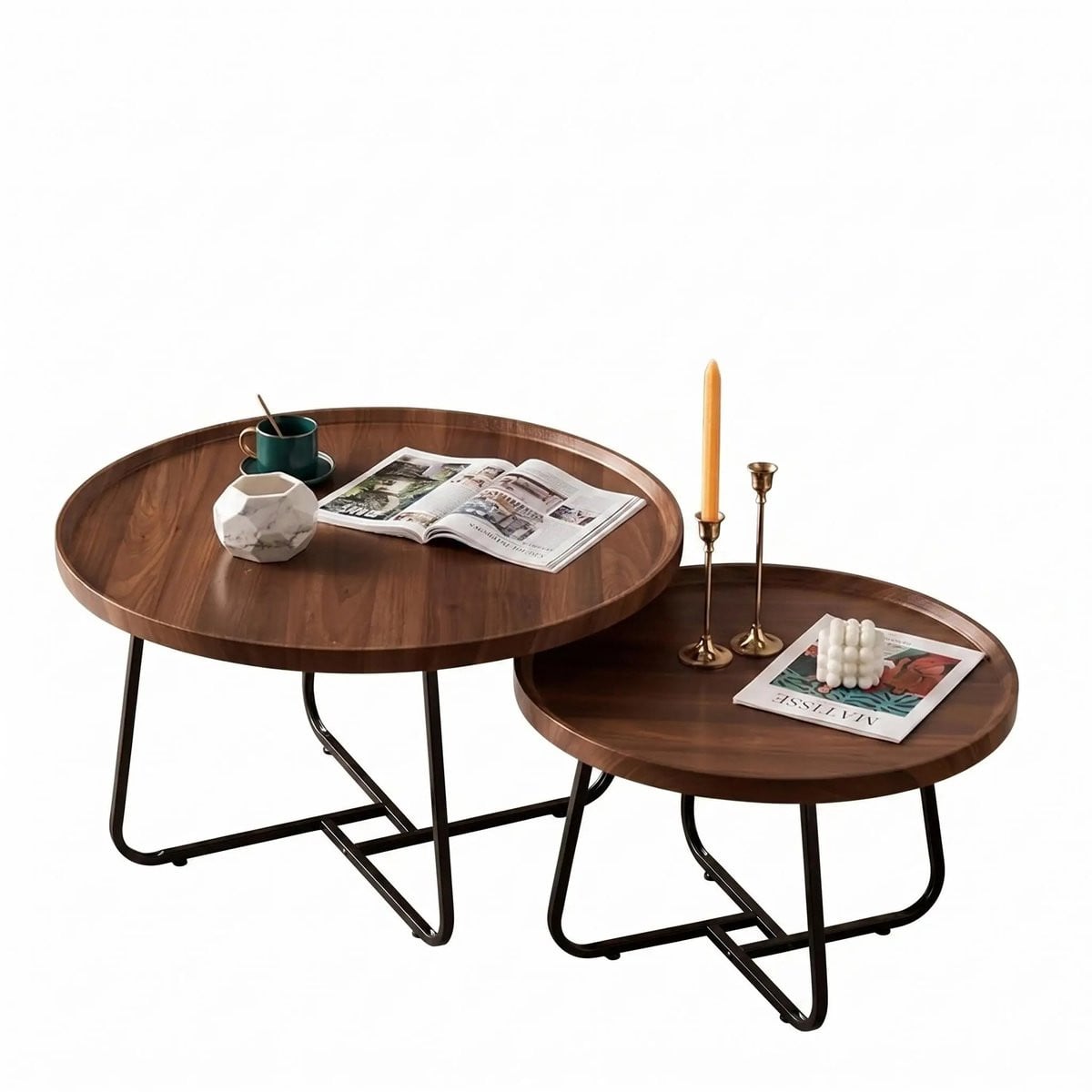 Niamora Set van 2 Ronde Salontafels - Walnoot - Mid Century Stijl