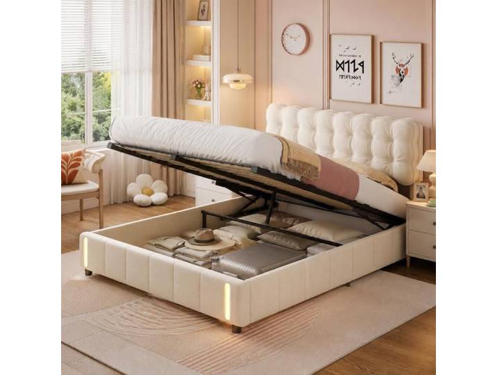Lit coffre 160×200 cm lumière LED lit double rembourré rangement hydraulique cadre de lit 160×200 sommier à lattes Velours Beige