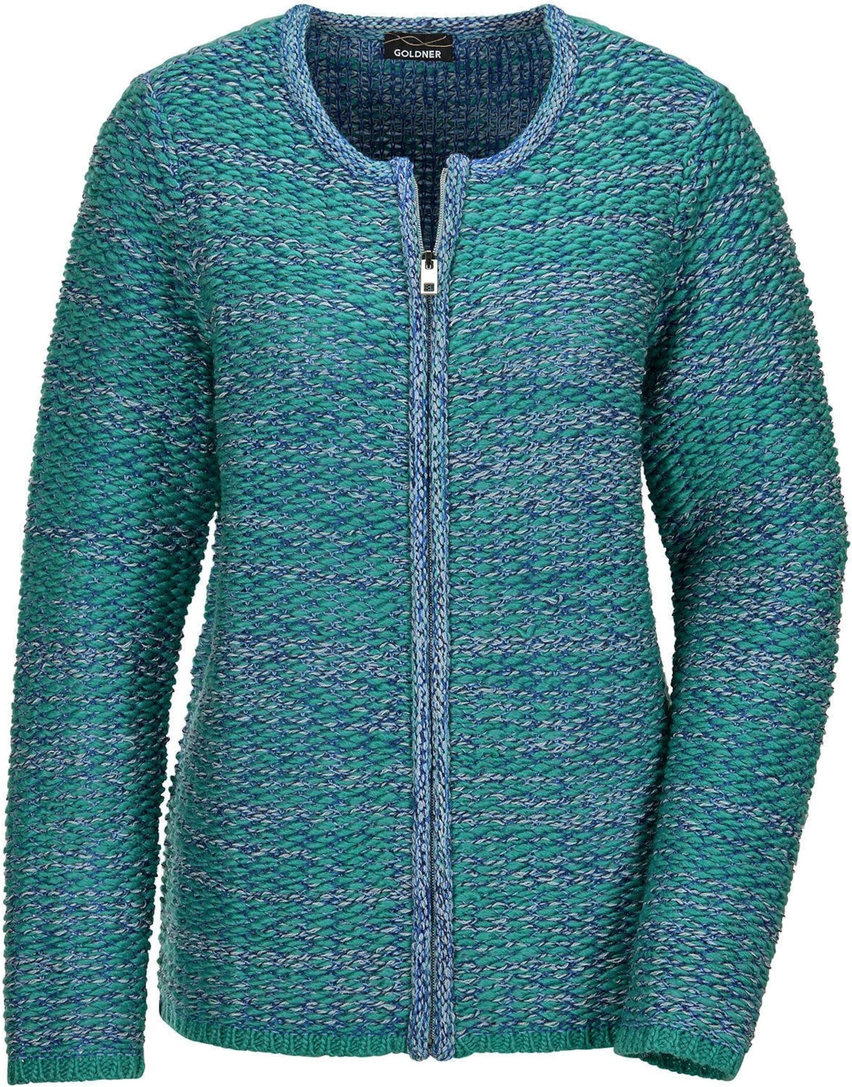 Strickjacke GOLDNER "Strukturjacke mit Rollband", Damen, Gr. 46, blau (türkis, gemustert), Obermaterial: 100% Polyacryl PAN., gerade, Strickjacken Strickjacke, dekoratives Rollbändchen am RV