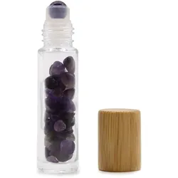Gemstone Essential Oil Roller Bottle - Amethyst  - Wooden Cap + Gemstone Roller Tip for 5ml Bottle - Amethyst