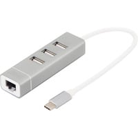 3-Port USB Typ-C Hub, Dockingstation silber/weiß, + Fast Ethernet LAN-Adapter