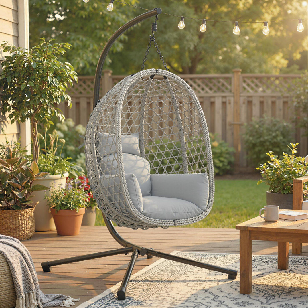 World Menagerie Outsunny Hanging Egg Chair w/ Stand Safety Strap Indoor Outdoor Light Grey 196cm H X 101cm W X 105cm L