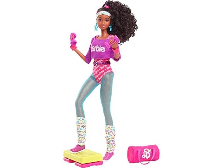 Barbie Rewind 80s Edition Workin' Out Puppe (29,2 cm Brunette) mit Bodysuit, Beinstulpen & Zubehör, mit Kassettenband-Puppenständer, Geschenk für Sammler