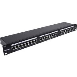 Intellinet 24-Port Cat6a Patchpanel geschirmt 1HE Kabeleinführung 90° abgewinkelt schwarz 24 Port Patch-Panel 483 mm (19) CAT 6a 1 HE Schwarz Bestückt 720861