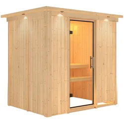 Karibu Sauna Bodin mit Fronteinstieg 68 mm-Ohne Ofen-Inkl. Dachkranz-Klarglas Ganzglastür
