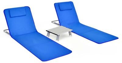 Costway 3 Pieces Beach Lounge Chair Mat Set 2 Adjustable Lounge Chairs with Table Stripe-Blue