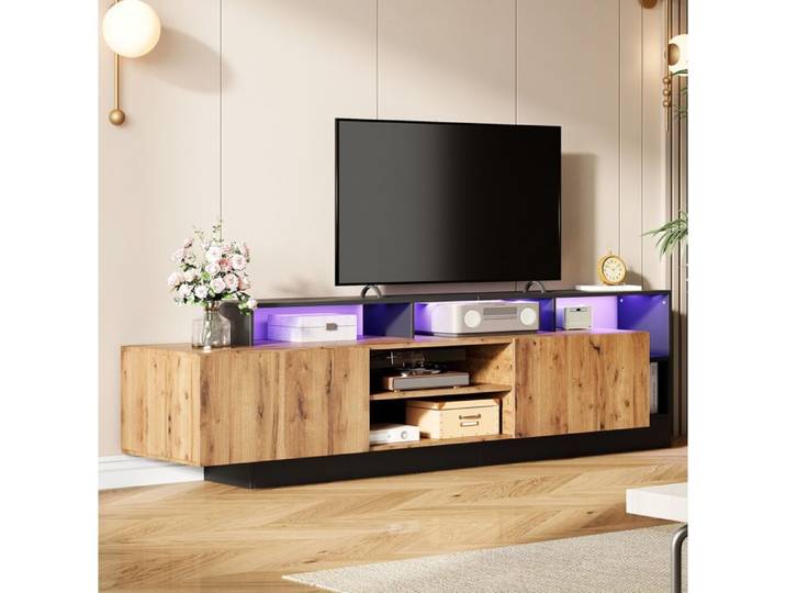VEVXYN meuble TV rangement LED 190 cm jusqu à 70 pouces décor bois naturel cadre noir avec 2 portes abattantes pour salon chambre