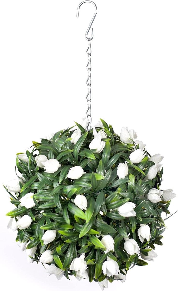 Kunstplant Hangmand met Witte Kunst Tulpen - Onderhoudsvrije Buitendecoratie - 30 cm