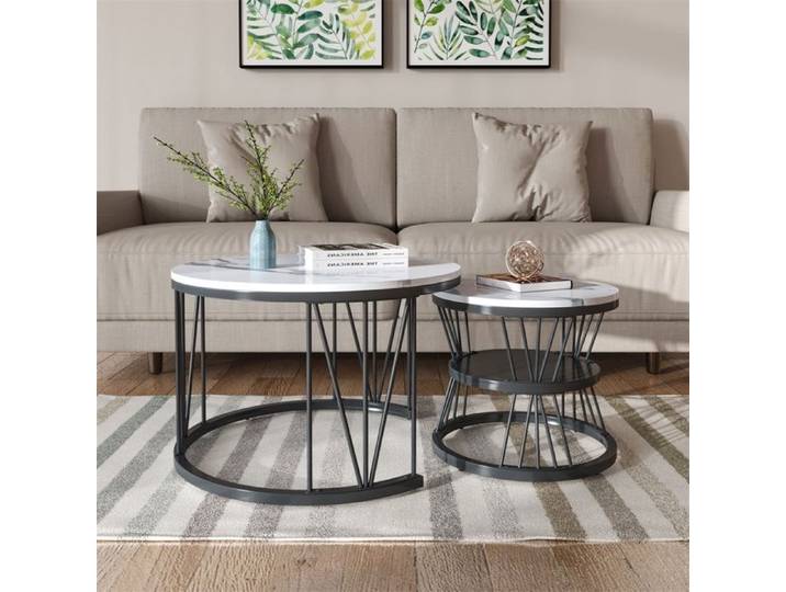 Tables basses rondes gigognes - style moderne plateau blanc et piétement métal noir - tables de salon modulables - Blanc et Noir
