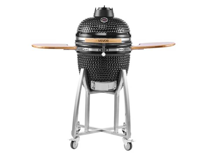 VEVOR Barbecue Kamado à Charbon 45 cm Fumoir à Charbon en Céramique Mobile pour Cuisson Extérieur Terrasse Jardin avec 4 Roues à 2 Freins\, Thermomètre Intégré\, Aération Inférieure\, Tablettes Latérales