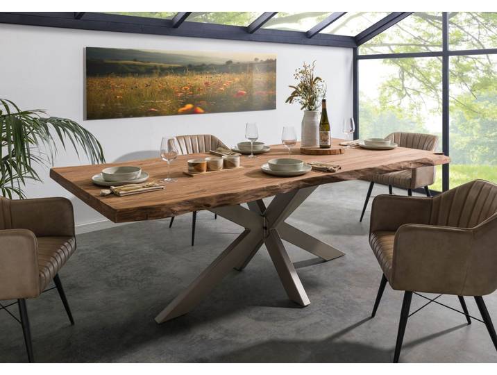 Baumtisch Sheesham 240x100x77 natur gebeizt / Kreuzgestell silber matt FREEFORM 5