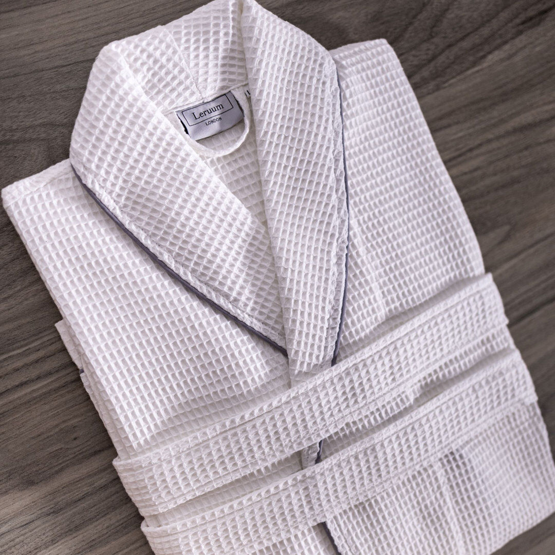 Leruum Bathrobe Waffle Dressing Gowns Unisex Kimono Robe Cotton Lightweight White S/M