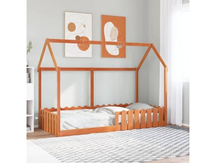 YNGBHFNOP Massives Kiefernholz Hausbett Verspieltes Design 90x200 cm Braun Kinderbett Hausbett Wachsbraun 90x200 cm Kiefer Massivholz Betten fuer Kinder mit Rausfallschutz und Dach Design