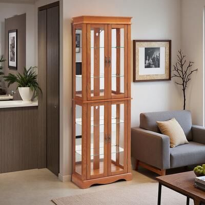 ZWYO HOSIMU "70""H Lighted Glass Curio Display Cabinet with Wood Frame Adjustable Shelves & Built-in Ambient Lighting Storage."