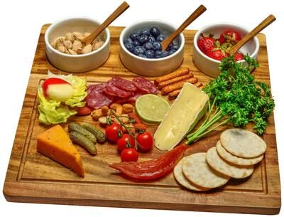 "Picnic at Ascot Premium Acacia Charcuterie Board Set with Ceramic Bowls and acacia spoons - 13"" x 13"""