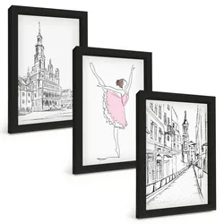BILDER SET 3er Set - 20x30 cm Schwarzer Rahmen - Stilvolle Ballerinen und Architektur