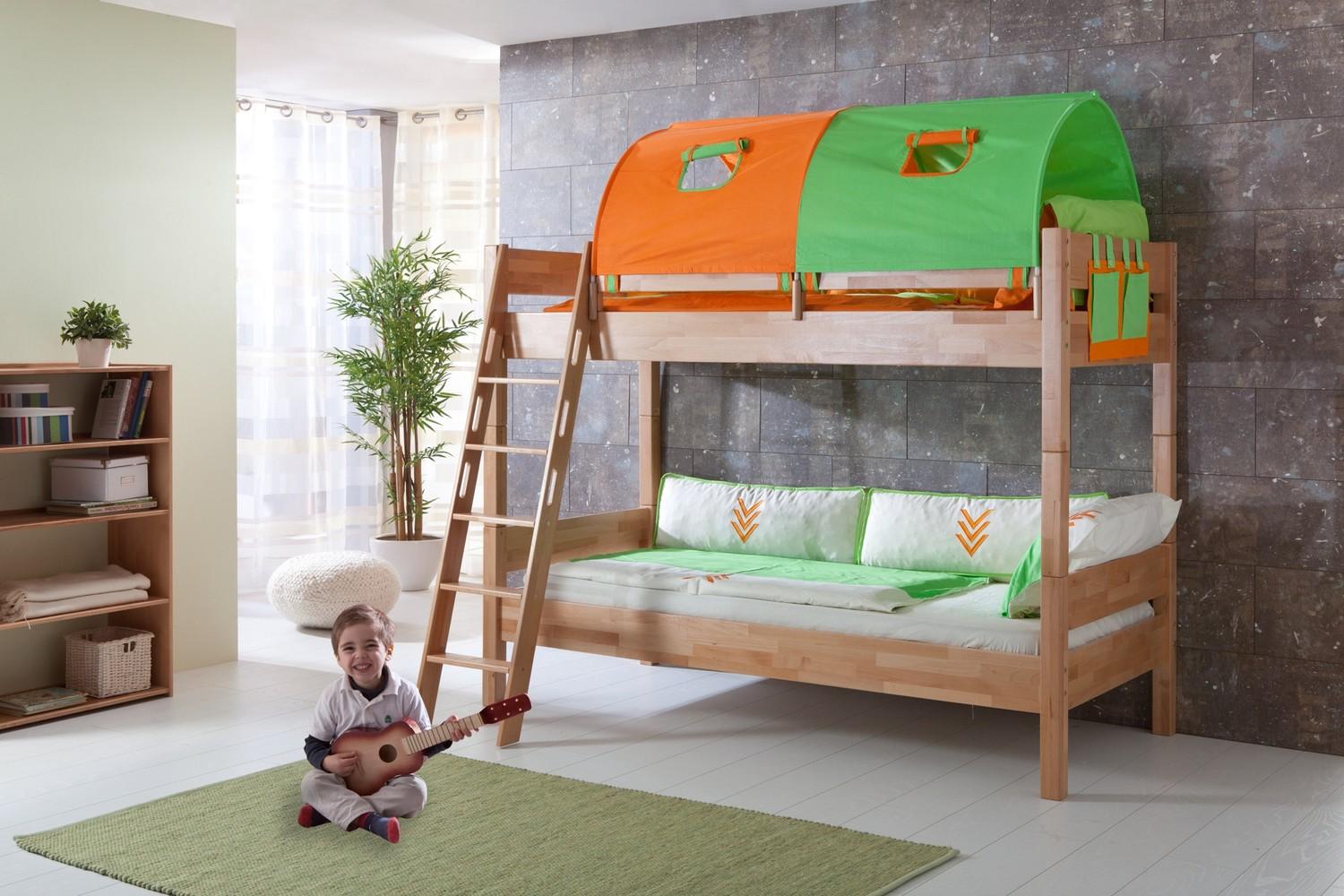 Etagenbett Steffan Buche massiv Natur lackiert mit Tunnel