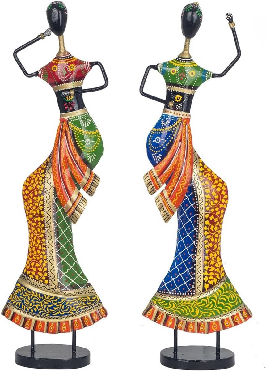 Beelden Set Vrouwen - Dansende Figuren in Etnische Stijl - Meerkleurig - Hoogte: 48 cm
