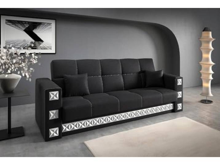 LIKMA Schwarz Ausziehbar 3 Sitzer Sofa Manila 221x91x85 cm Schlaffunktion Bettzeugbehälter Kissen Sofa mit Bettfunktion Gesteppte Schlafsofa Couchgarnitur Stoff: Inari 100