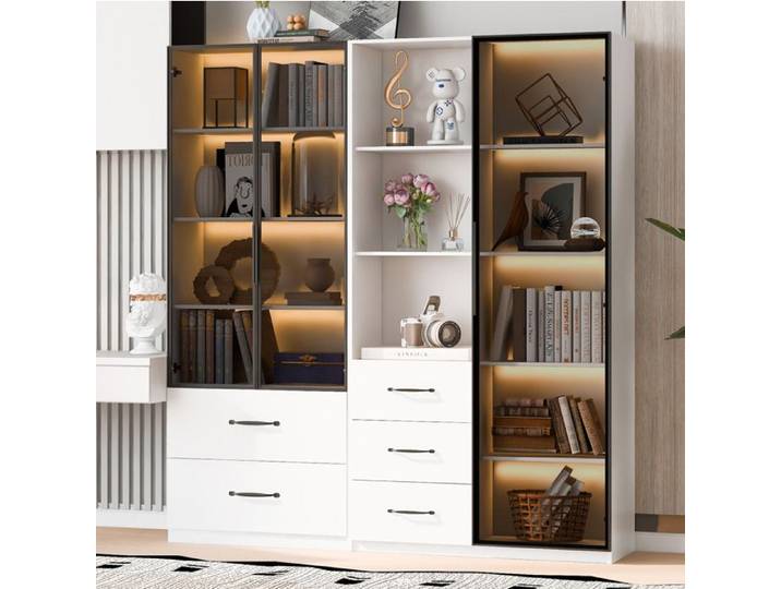Vitrine LED 140x40x160 cm avec verre sécurité rangements modulaires charnières soft-close blanc