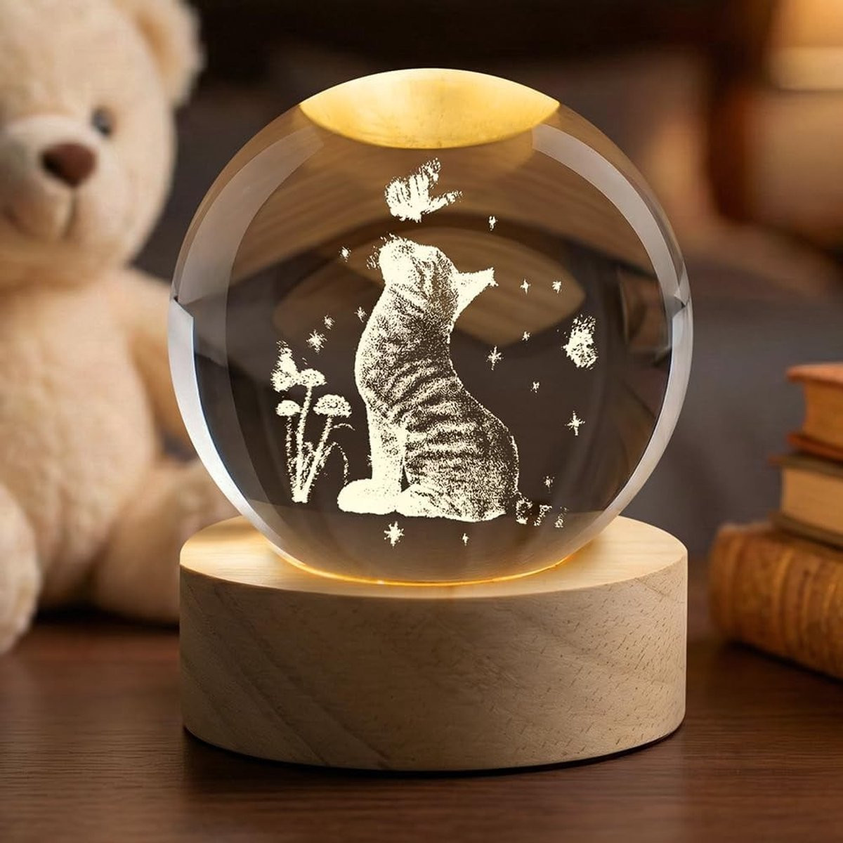 Decoratieve 3D Kristallen Bol met Houten Basis en Verlichting via USB voor Tafeldecoratie
