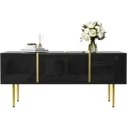 OKWISH Couchtisch Schwarz Hochglanz mit Gold-Elementen, 2 Schubladen, pflegeleicht, modern, 100x60x41 cm, elegant und stabil