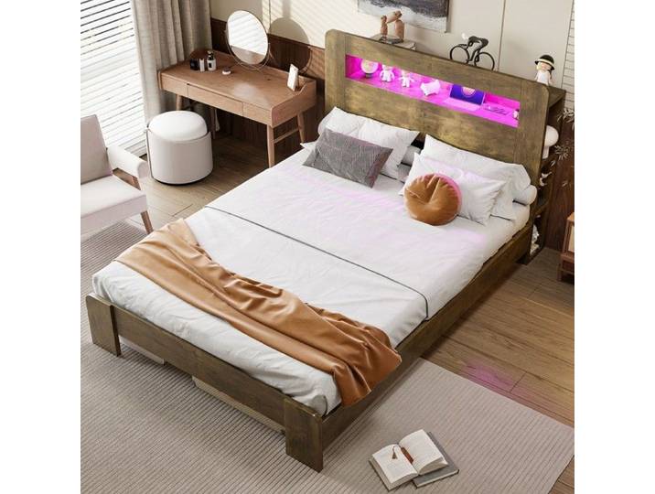 Lit double Cadre de lit bois 140x200cm tête lit rangement LED prises intégrées style vintage plateforme moderne sans matelas