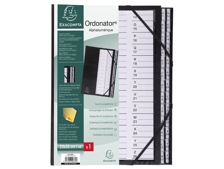 Exacompta Trieur Ordonator à élastiques - cavaliers plastiques alphabétiques 26 divisions - Noir