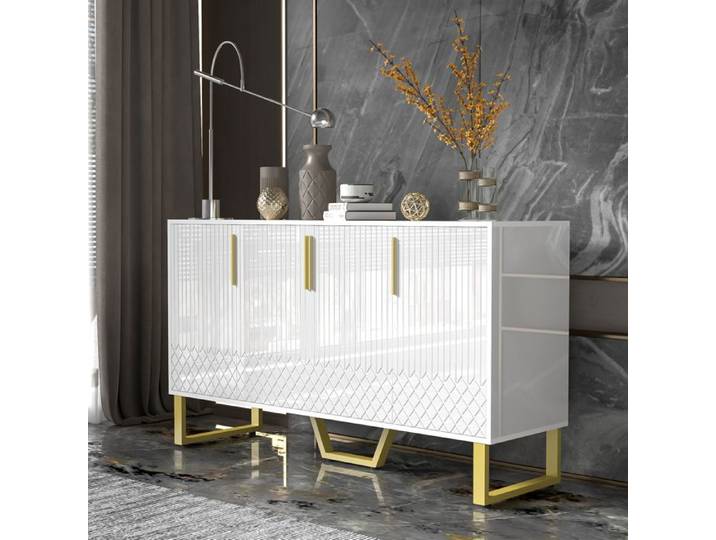 MODENUIT Buffet 140x40x80 cm avec 4 portes motif géométrique laqué blanc poignées et pieds métal