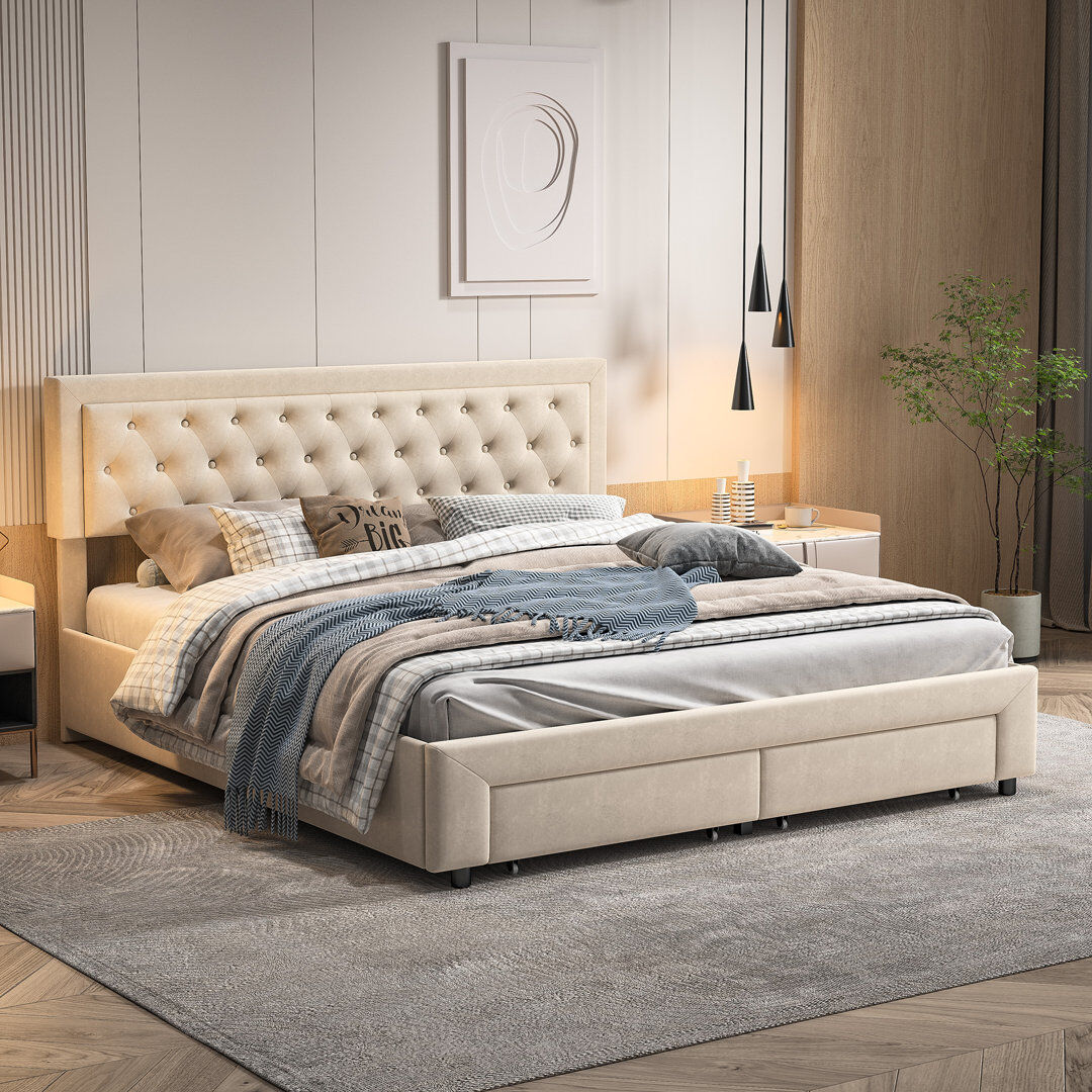 ClassicLiving Upholstered Velvet Drawers Bed Beige Super King (6')