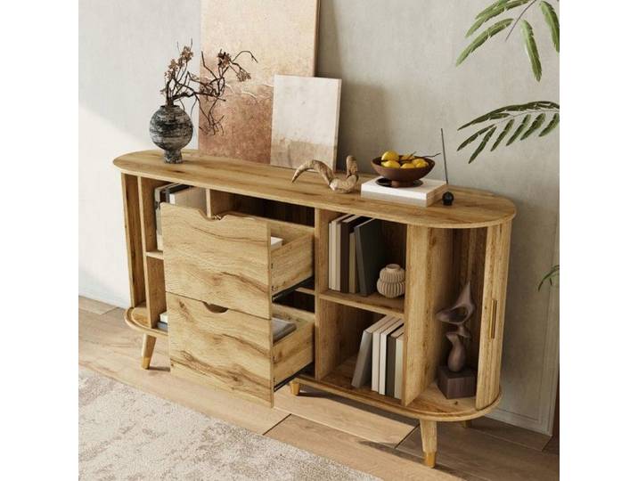 Buffet Naturel 140x40x79 5cm 2 portes coulissantes 2 tiroirs pieds bois massif meuble salon