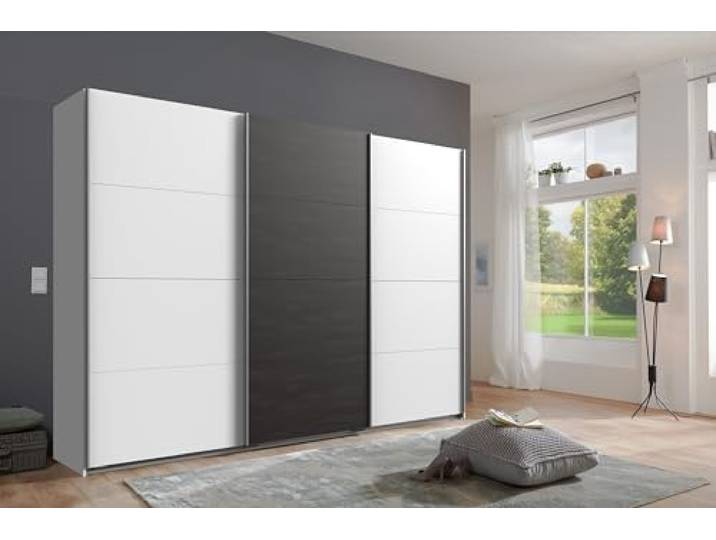 möbelando Schwebetürenschrank >Minden< in Weiss + RAW Steel - 270x208x65cm (BxHxT)