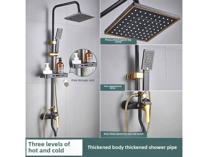 Ensemble de douche de salle de bain complet à quatre vitesses haut de gamme, douche pressurisée en cuivre raffiné noir et or, un ensemble complet de douches de douche