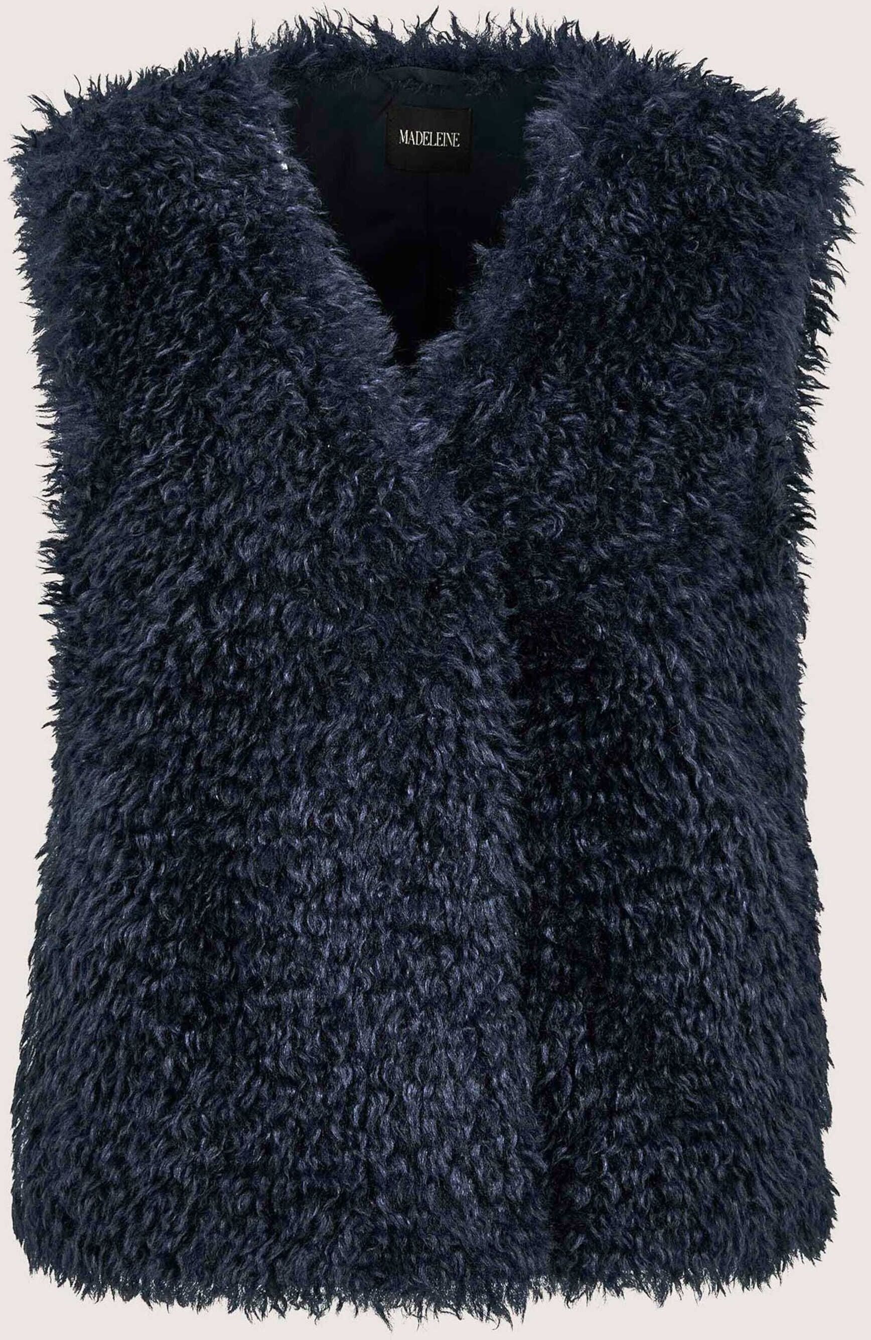 Kurzweste MADELEINE "Weste Faux-Fur-Weste mit langem Flor", Damen, Gr. 38, dunkelblau, Modern, regular fit, V-Ausschnitt, Westen Kurzweste