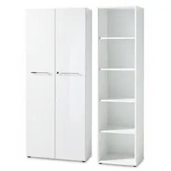 Büro-Set MUENCHEN 2-teilig Weiß   Schrank & Regal 5 OH   Glas Front & Abschließbar