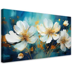 WANDBILD bemalte weiße blumen auf türkisfarbenem hintergrund