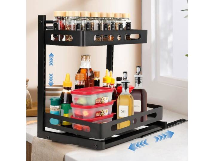 VINATO Rangement sous Evier Cuisine 2 Niveaux étagère Organisateur Coulissant Hauteur RéGlable Tiroir Placard Organisation Pour S