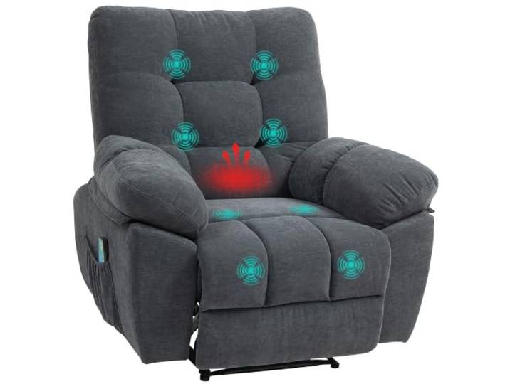 HOMCOM Relaxsessel Fernsehsessel mit Liegefunktion Heizung Dunkelgrau Massagesessel mit Vibration, 8 Modi, TV Sessel mit Wandnahen Design, Fußteil, Seitentasche, für Wohnzimmer