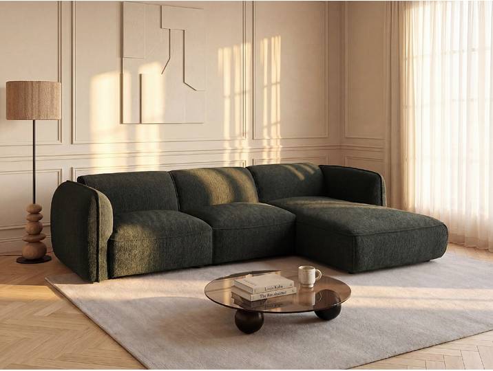 Modulierbares Ecksofa Rechts aus Chenille-Stoff in Grün von Maison Céphy CAMILIO