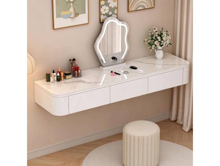 Wandmontierter Schwebender Schminktisch mit Sinterstein Tischplatte Große Stauraumschubladen, platzsparender Frisiertisch für kleine Wohnungen(White-double,80cm/31.5in)