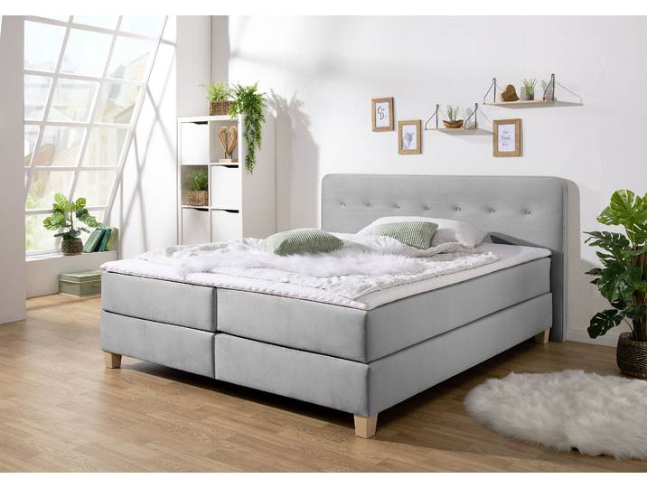 Boxspringbett, Struktur Stoff, Grau, 213×207 cm, Mit Topper, Klassisch, Home Affaire