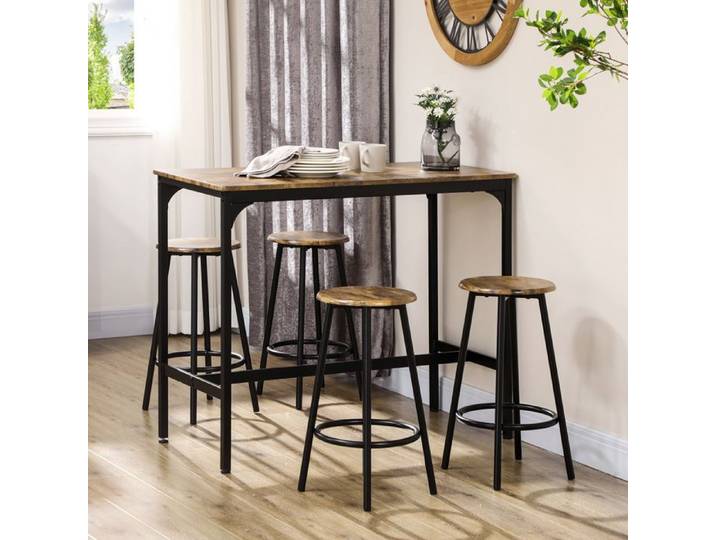 Set de bar 5 pièces avec table haute et 4 tabourets style industriel marron et noir