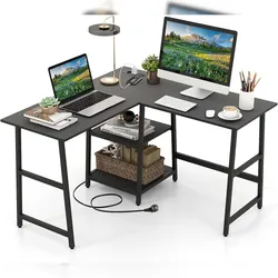 COSTWAY L-förmiger Schreibtisch, Eckschreibtisch mit Steckdosen, USB & Ablagen, für PC & Büro, 120x120x75cm