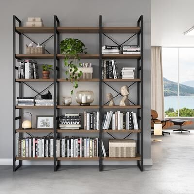 Mylotus-Home "Davee Brown Walnut Color 6-Tiers Industrial Style Bookcase - 85"" H x 71"" W x 12.6"" D"